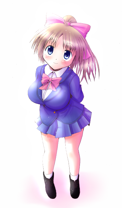 blue_eyes, brown_hair, leaning_forward, long_hair, minami_shinju, original, perspective, ponytail