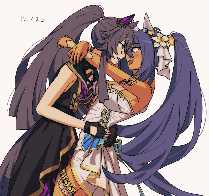 2girls, animal_ears, arms_around_neck, bandaid, bandaid_on_face, bandaid_on_nose, bare_shoulders, black_dress