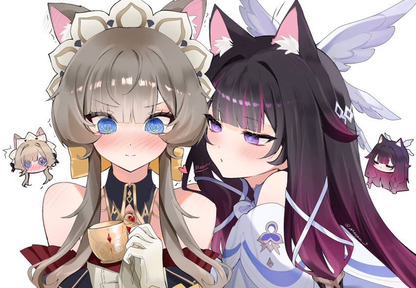 2girls, @_@, animal_ear_fluff, animal_ears, bare_shoulders, black_collar, black_hair, blue_eyes