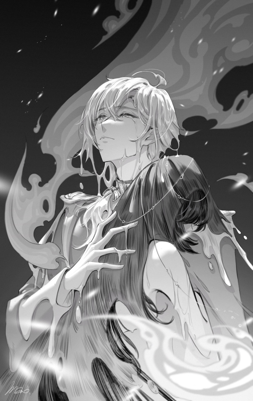 1boy, 1girl, absurdres, ahoge, alkaid_mcgrath, alkaid_mcgrath_(book_of_tales), bare_shoulders, black_background