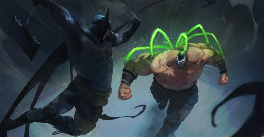 2boys, absolute_batman, absolute_dc, axe, back_spikes, bane, bat_mask, batman, batman_symbol, battle, battle_axe, belt, bodysuit, cowl, dc_comics, fighting_stance, goddamnmushroom, grey_bodysuit, highres, holding, holding_axe, male_focus, multiple_boys, muscular, muscular_male, superhero_costume, utility_belt, weapon