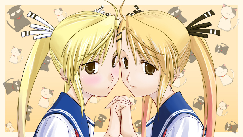 blonde_hair, blush, brown_eyes, cat, hifumi_(vivian), highres, kirishima_akari, kirishima_kotone