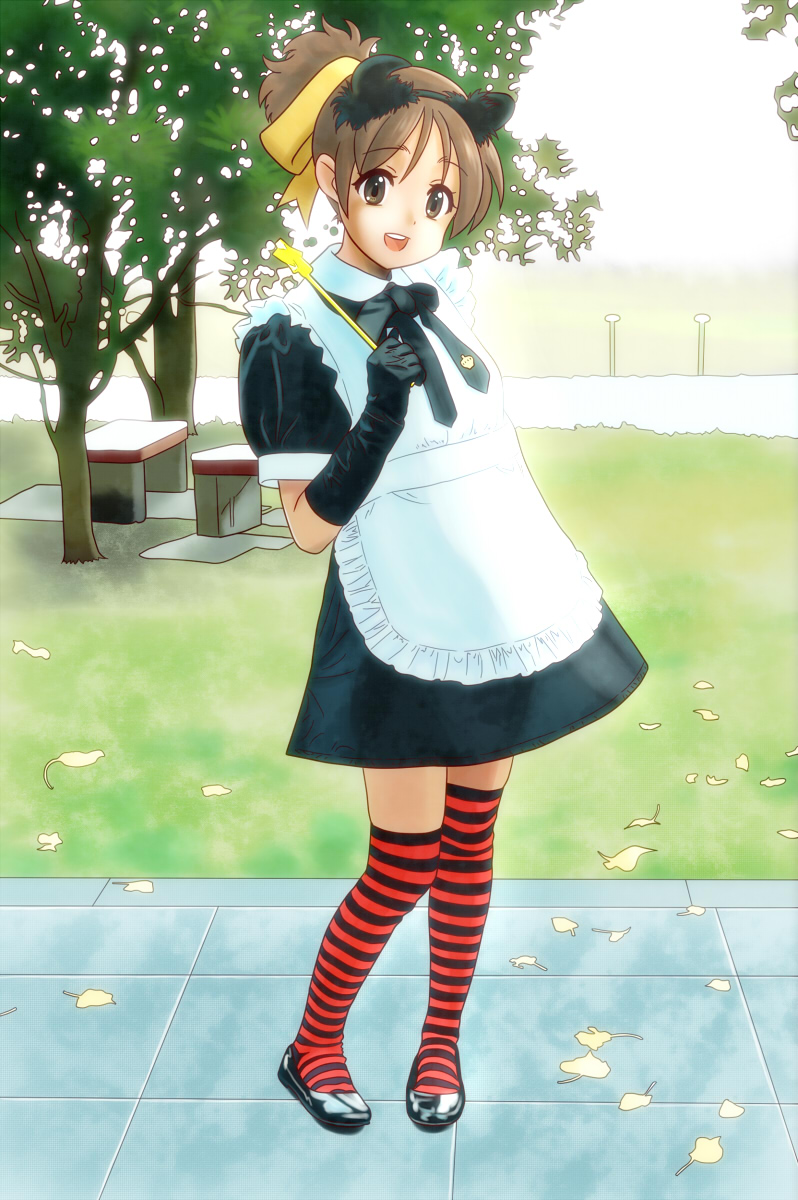 brown_eyes, brown_hair, chunpai, dress, enmaided, fashion, gloves, highres