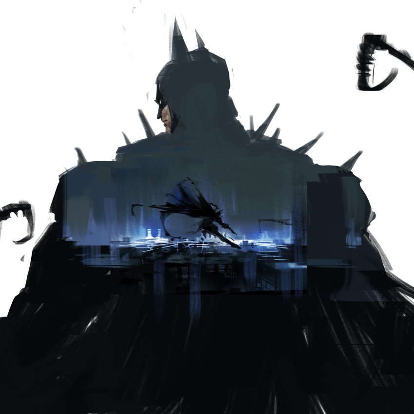 1boy, absolute_batman, absolute_dc, back, back_spikes, bat_mask, batman, black_cape