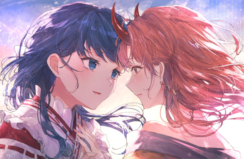 2girls, absurdres, apron, blue_eyes, blue_hair, bow, brown_eyes, brown_hair