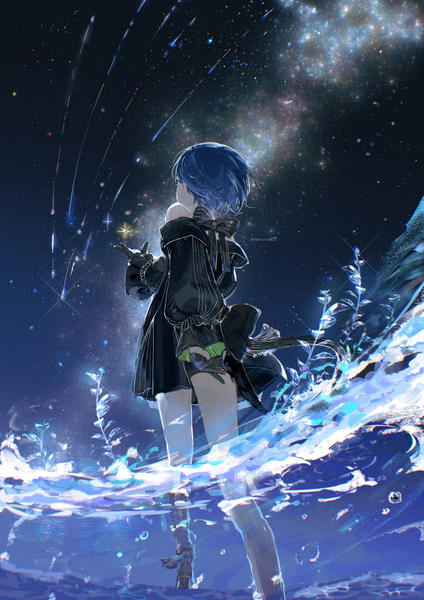 1girl, aurora, black_bow, black_dress, black_gloves, blue_hair, bow, commentary_request