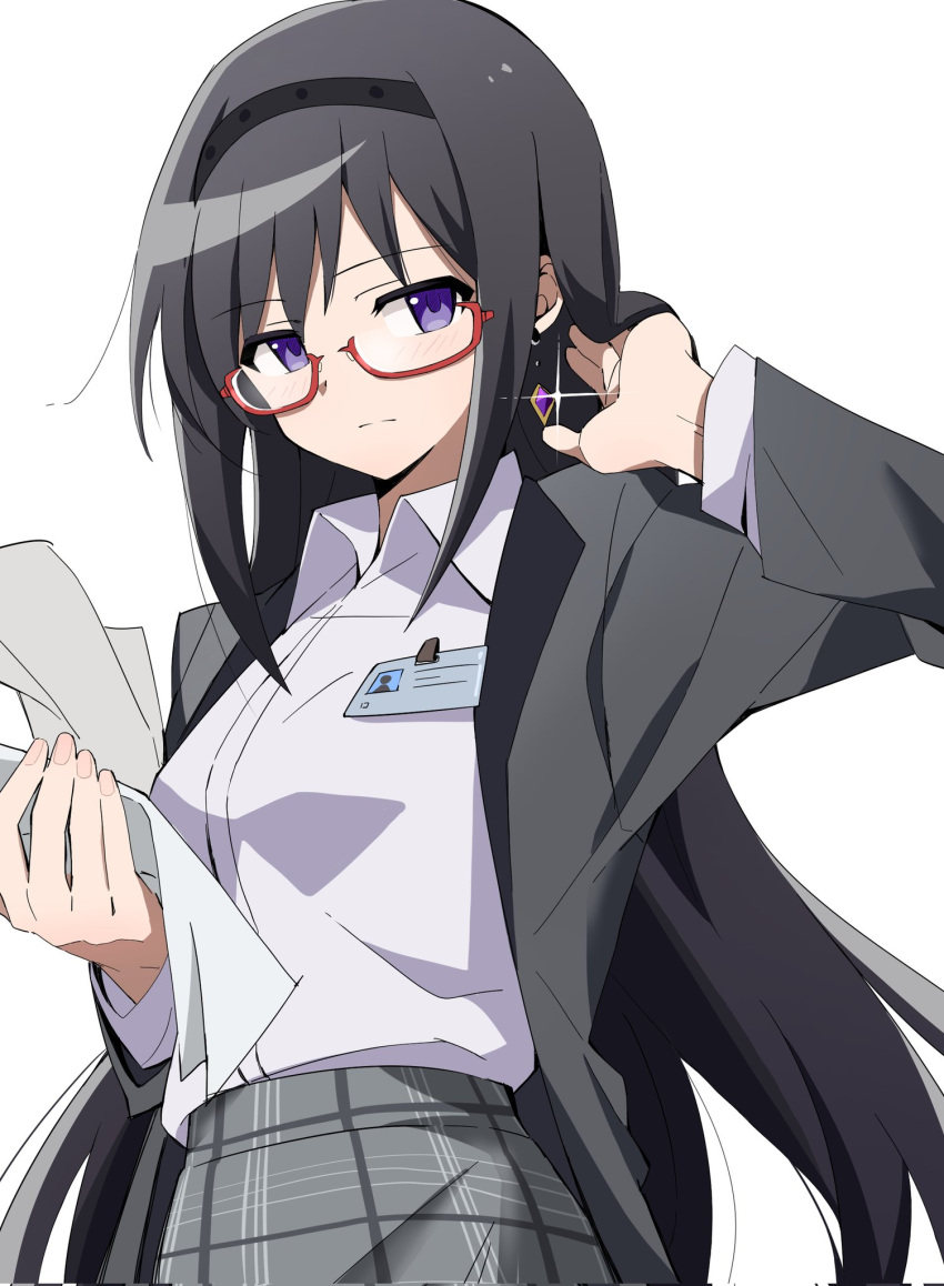 1girl, akemi_homura, alternate_universe, ban45601, black_hair, black_jacket, formal_clothes, glasses