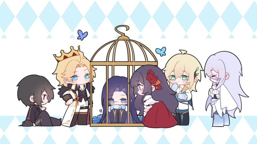 1girl, 5boys, ahoge, alkaid_mcgrath, alkaid_mcgrath_(godheim), argyle_border, arm_support, ascot