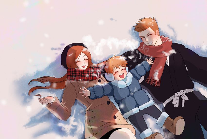 1girl, 2boys, absurdres, beret, black_coat, black_hair, black_pants, bleach, blush, boots, brown_boots, brown_coat, brown_hair, child, closed_eyes, coat, couple, family, father_and_son, grey_coat, grin, hat, hetero, highres, husband_and_wife, inoue_orihime, kurosaki_ichigo, kurosaki_kazui, long_hair, mother_and_son, multiple_boys, open_mouth, orange_hair, outstretched_arms, pants, parted_lips, plaid_clothes, plaid_scarf, puffy_coat, red_scarf, scarf, sela_(chanppu), short_hair, smile, snow_angel, teeth, upper_body