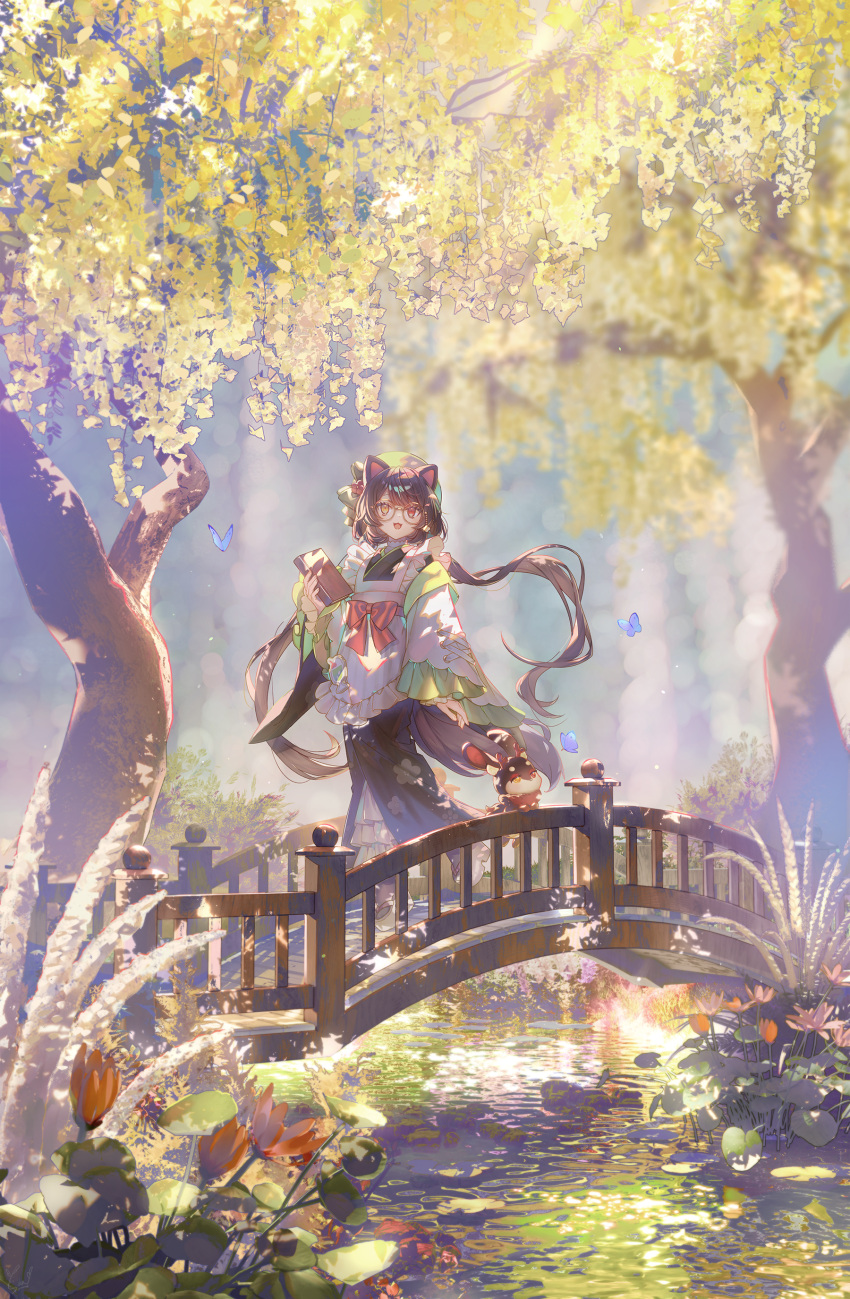 1girl, :3, :d, absurdres, animal, animal_ears, black_kimono, blue_butterfly