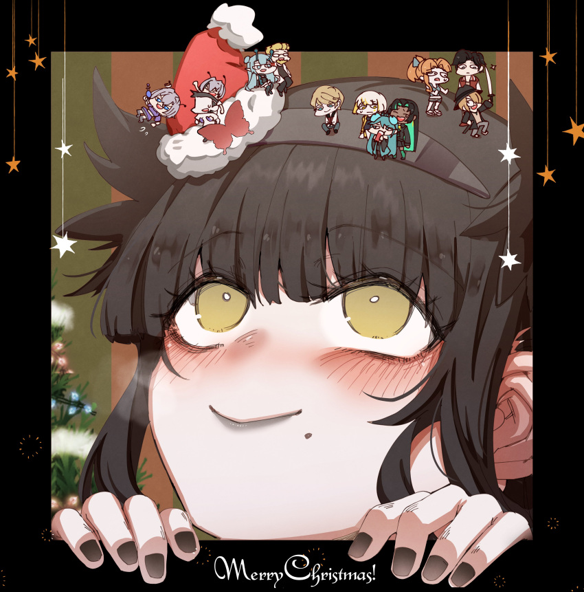 5boys, 6+girls, absurdres, at2., black_border, black_hair, black_hairband, black_lips, black_nails, blunt_bangs, blush, border, bright_pupils, closed_mouth, commentary, cthulhu_(merryweather), english_commentary, fingernails, fur-trimmed_headwear, fur_trim, goth_girl_and_the_jock, hairband, hastur_(merryweather), hat, highres, lipstick, long_hair, looking_up, makeup, merry_christmas, mini_hat, mini_person, mini_santa_hat, miniboy, minigirl, mole, mole_under_mouth, multiple_boys, multiple_girls, nail_polish, nyarlathotep_(merryweather), on_head, ophelia_(merryweather), original, outside_border, person_on_head, red_hat, santa_hat, smile, solo_focus, two_side_up, tyler_(merryweather), white_pupils, yellow_eyes