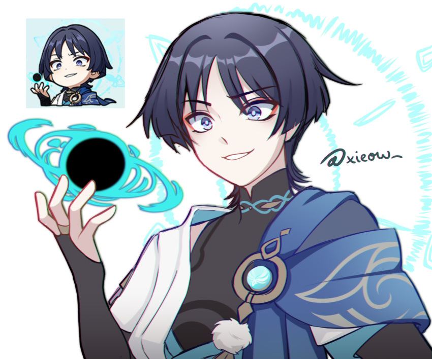 1boy, albedo_(xieow), anemo_symbol_(genshin_impact), arm_at_side, black_bodysuit, black_bridal_gauntlets, black_hair, blue_cape