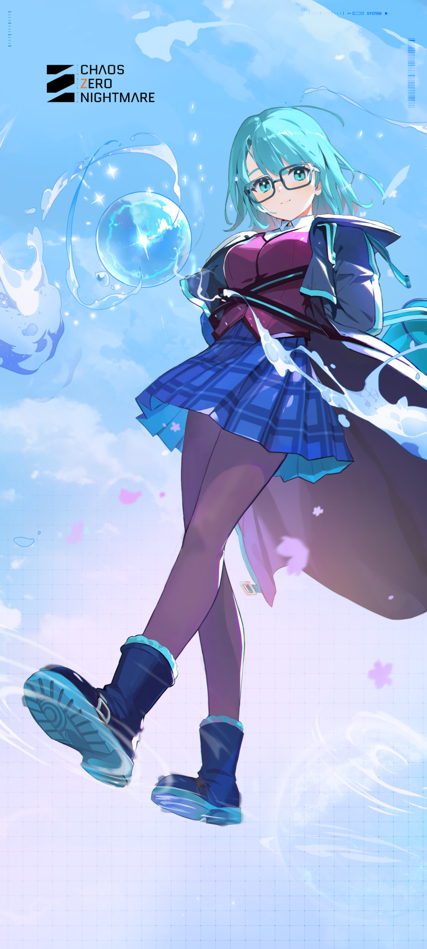 1girl, absurdres, asymmetrical_bangs, barcode, black_pantyhose, blue_eyes, blue_hair, blue_jacket