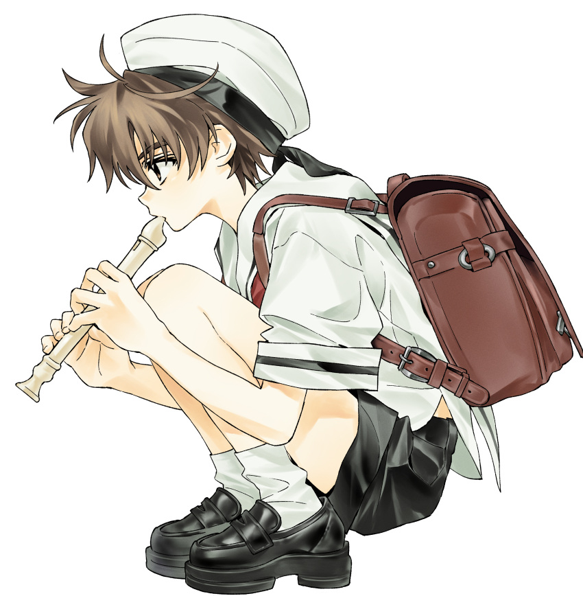 1boy, absurdres, backpack, bag, black_shoes, black_shorts, brown_bag, brown_hair