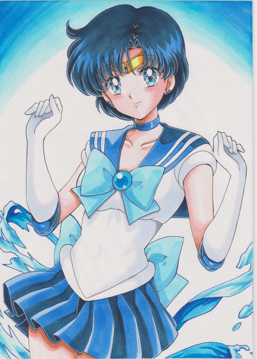 1girl, absurdres, back_bow, bishoujo_senshi_sailor_moon, blue_choker, blue_eyes, blue_hair, blue_sailor_collar, blue_skirt, blue_theme, boots, bow, chikoto_(kztc4472), choker, circlet, commentary, covered_navel, earrings, elbow_gloves, gloves, highres, jewelry, mizuno_ami, sailor_collar, sailor_mercury, sailor_senshi_uniform, short_hair, skirt, smile, solo, white_gloves
