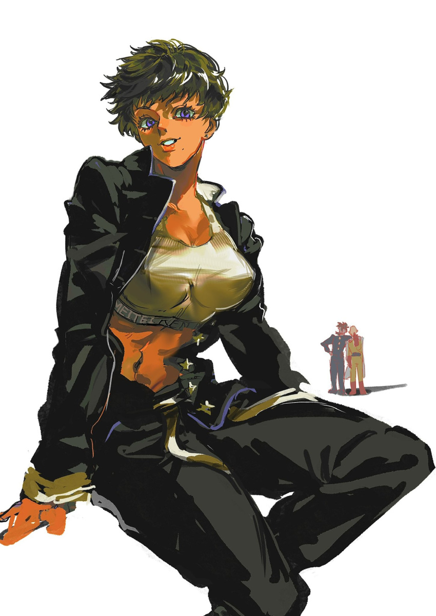 1girl, 2girls, black_jacket, brother_and_sister, dark-skinned_female, dark_skin, highres, jacket