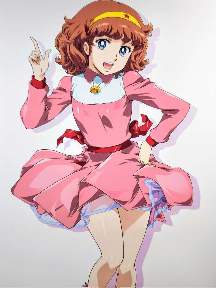 1girl, back_bow, blue_eyes, bow, brown_hair, collared_dress, commentary_request, dress