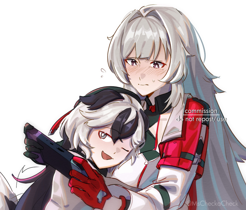 2girls, beret, black_hair, breasts, brown_jacket, closed_mouth, coralie_6626_planck, coralie_6626_planck_(valkyrie_blastmetal)