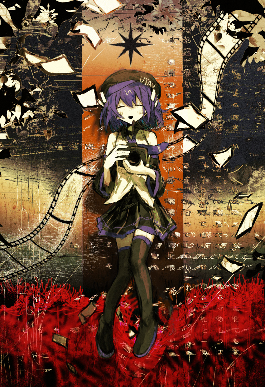 1girl, absurdres, bare_shoulders, beret, black_boots, black_hat, black_skirt, blue_hair, boots, camera, closed_eyes, detached_sleeves, facing_viewer, field, film_strip, flower, flower_field, full_body, hat, highres, holding, holding_camera, knees_together_feet_apart, miniskirt, red_flower, short_hair, skirt, solo, spider_lily, thigh_boots, unagizaka_gohan, urami_koushin_(utau), utane_uta, utau, variant_set