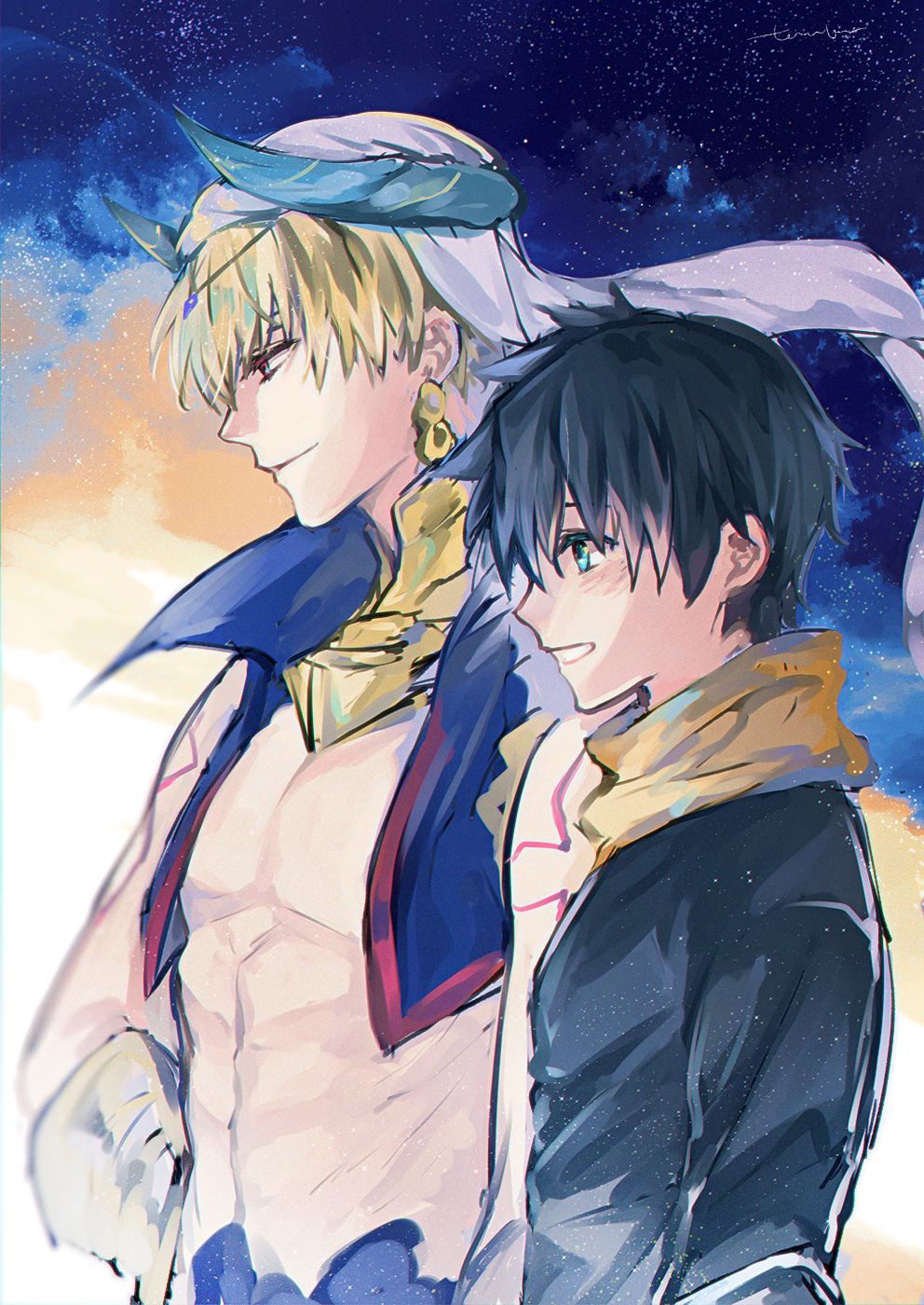 2boys, abs, armor, bare_shoulders, black_hair, blonde_hair, blue_eyes, blue_sky