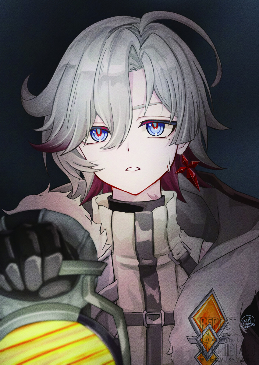 1boy, absurdres, ahoge, black_gloves, blue_eyes, earrings, fur_trim, genshin_impact