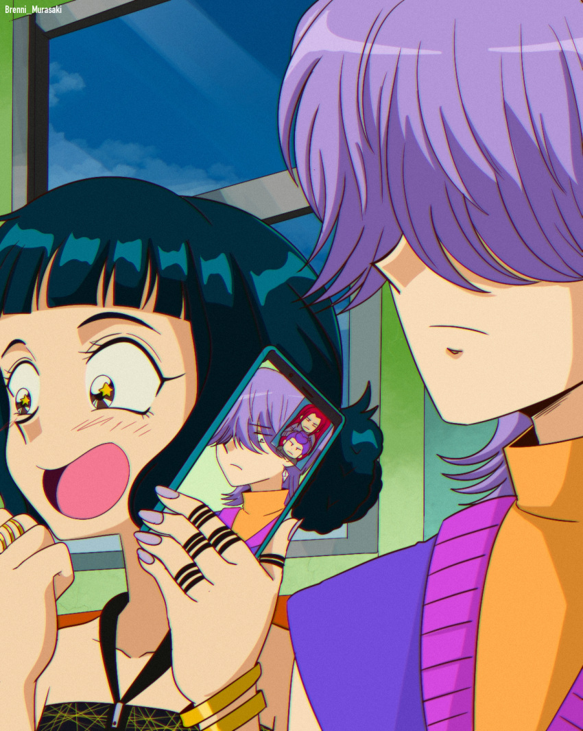 1boy, 3girls, black_hair, blunt_bangs, blush, bracelet, brenni_murasaki, double_bun