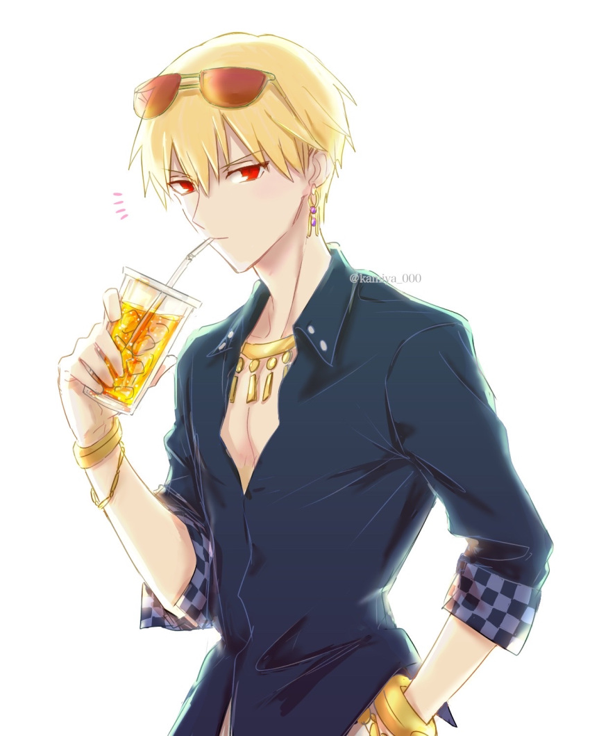 1boy, artist_name, blonde_hair, blue_shirt, bracelet, buttons, closed_mouth, collarbone