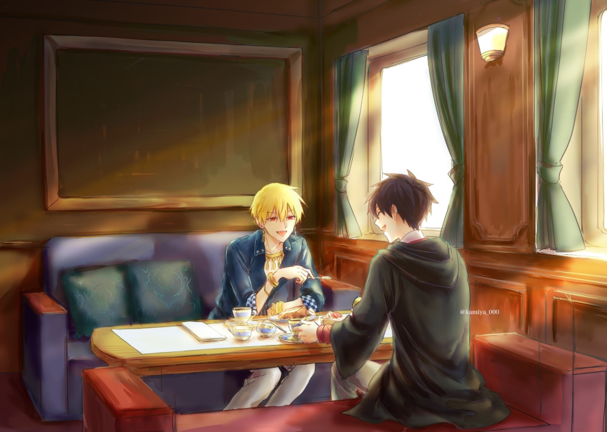 2boys, artist_name, black_hair, black_jacket, blonde_hair, blue_shirt, bracelet, cake