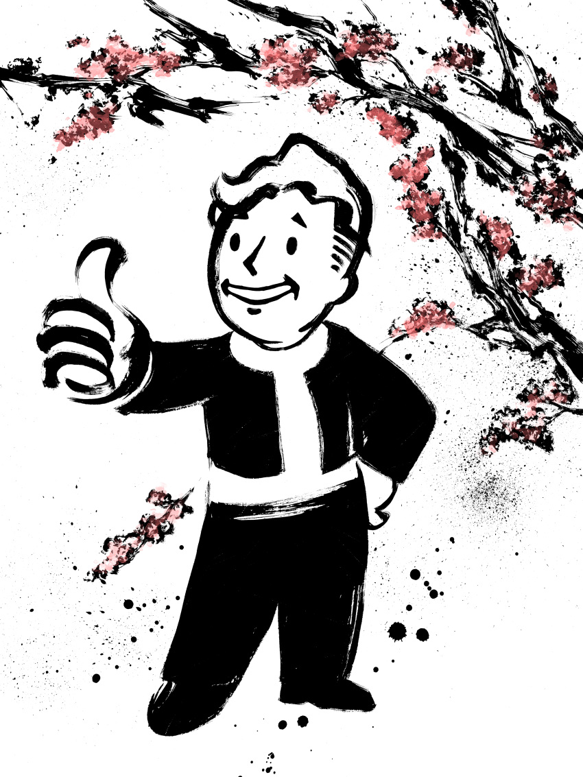 1boy, absurdres, branch, cherry_blossoms, commentary_request, fallout, fewer_digits, flower