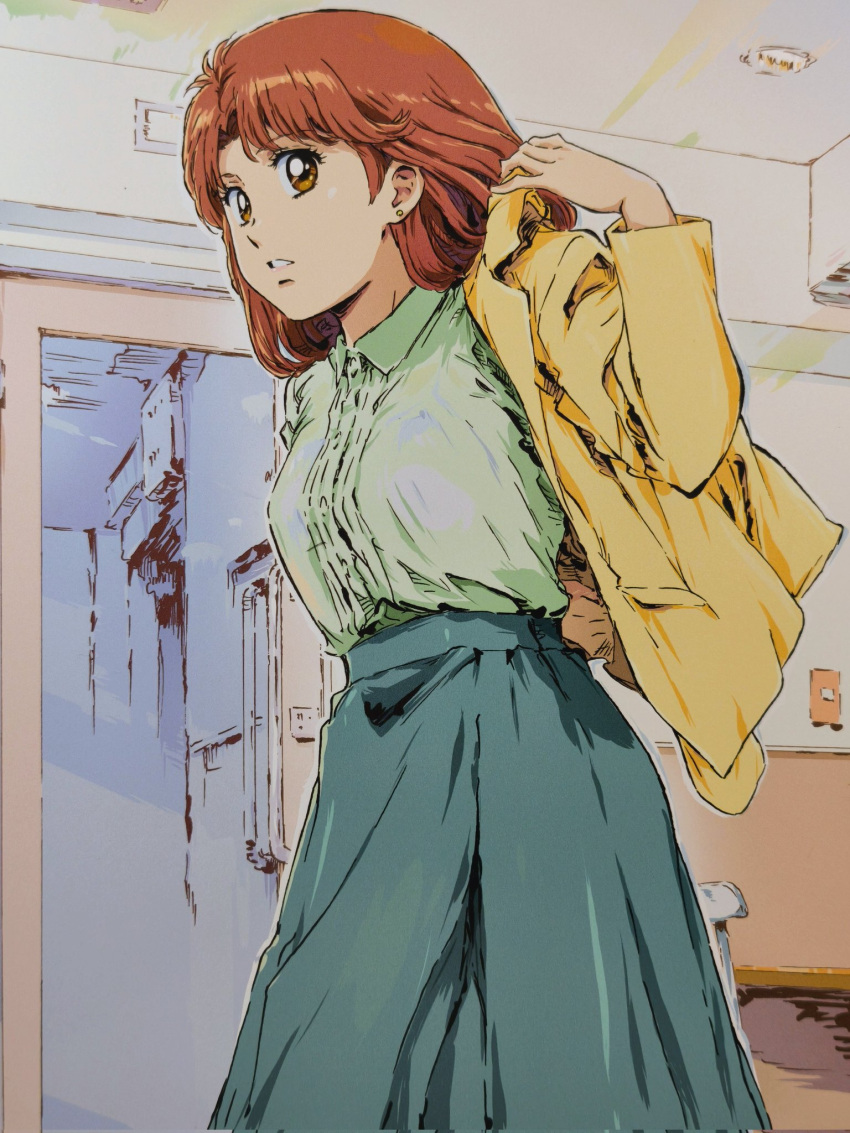 1girl, aqua_skirt, arm_behind_back, brown_eyes, brown_hair, collared_shirt, commentary_request, cowboy_shot
