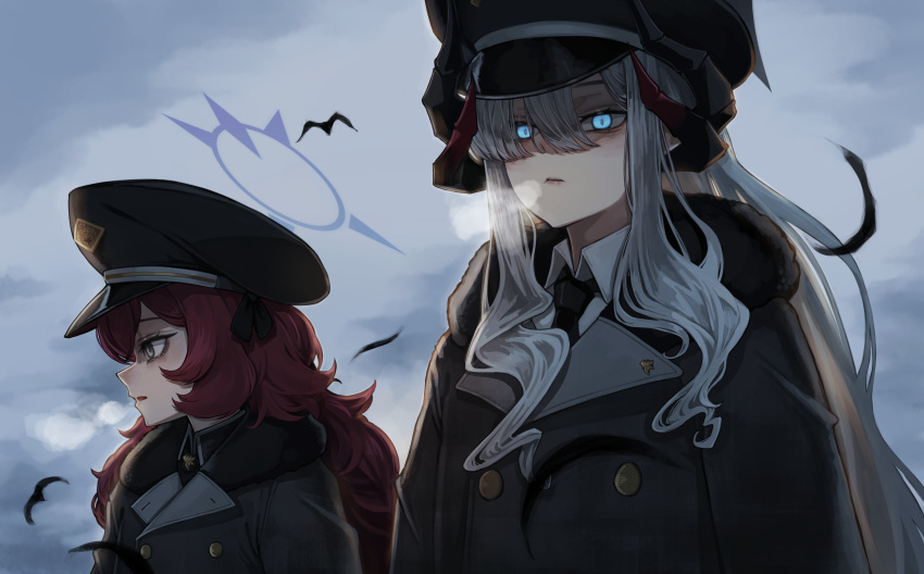 2girls, absurdres, alternate_costume, black_coat, black_halo, black_hat, black_horns, black_necktie