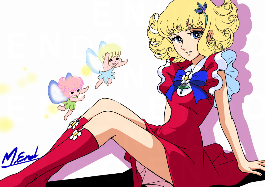 3girls, absurdres, artist_name, blonde_hair, blue_bow, blue_bowtie, blue_dress, blue_eyes