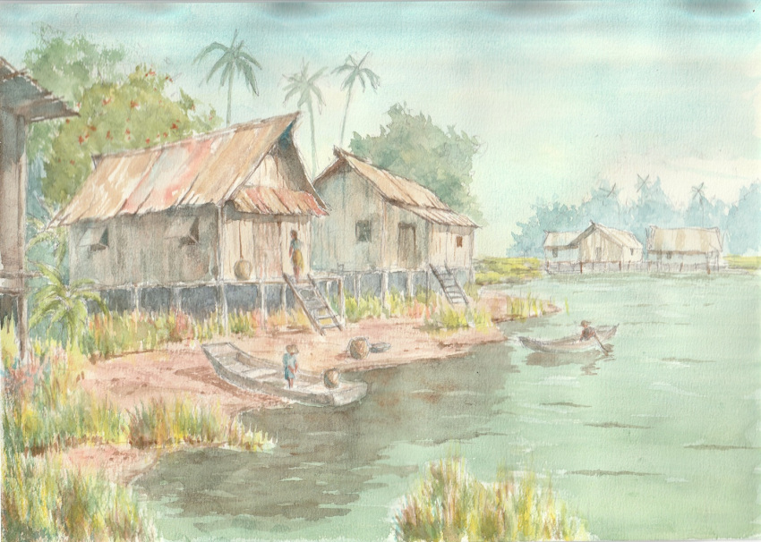 boat, commentary_request, day, house, ladder, original, outdoors, painting_(medium), palm_tree, paruperu, people, real_world_location, river, scenery, shore, sky, thailand, traditional_media, tree, water, watercolor_(medium), watercraft