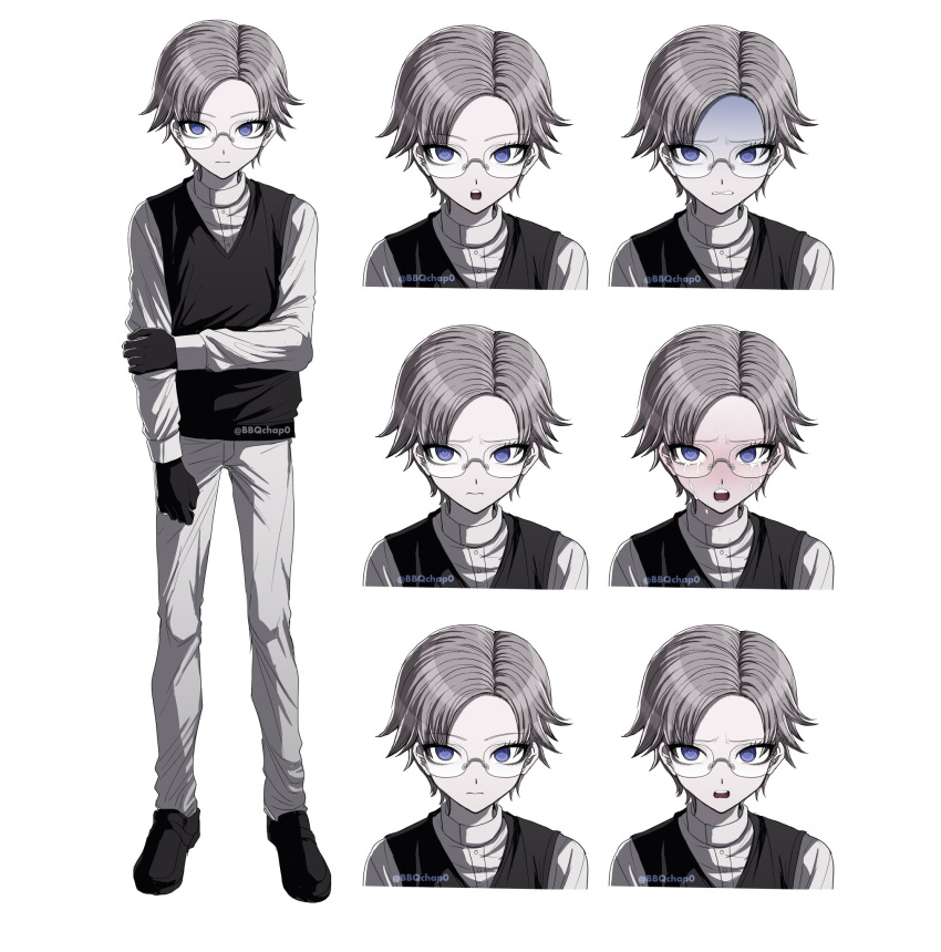 1boy, aged_down, aotsuki_eito, black_gloves, black_shoes, black_vest, blue_eyes, blush
