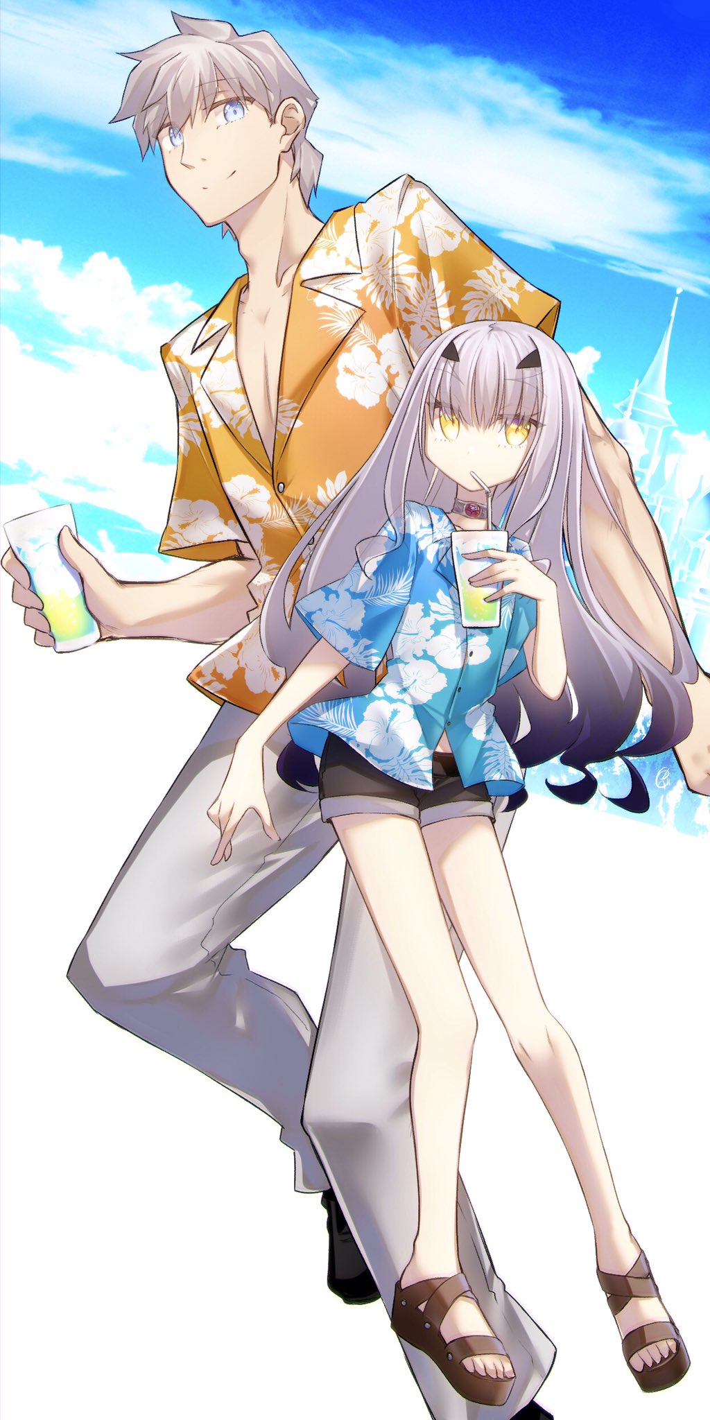1boy, 1girl, black_shorts, blue_shirt, blue_sky, breasts, choker, cup