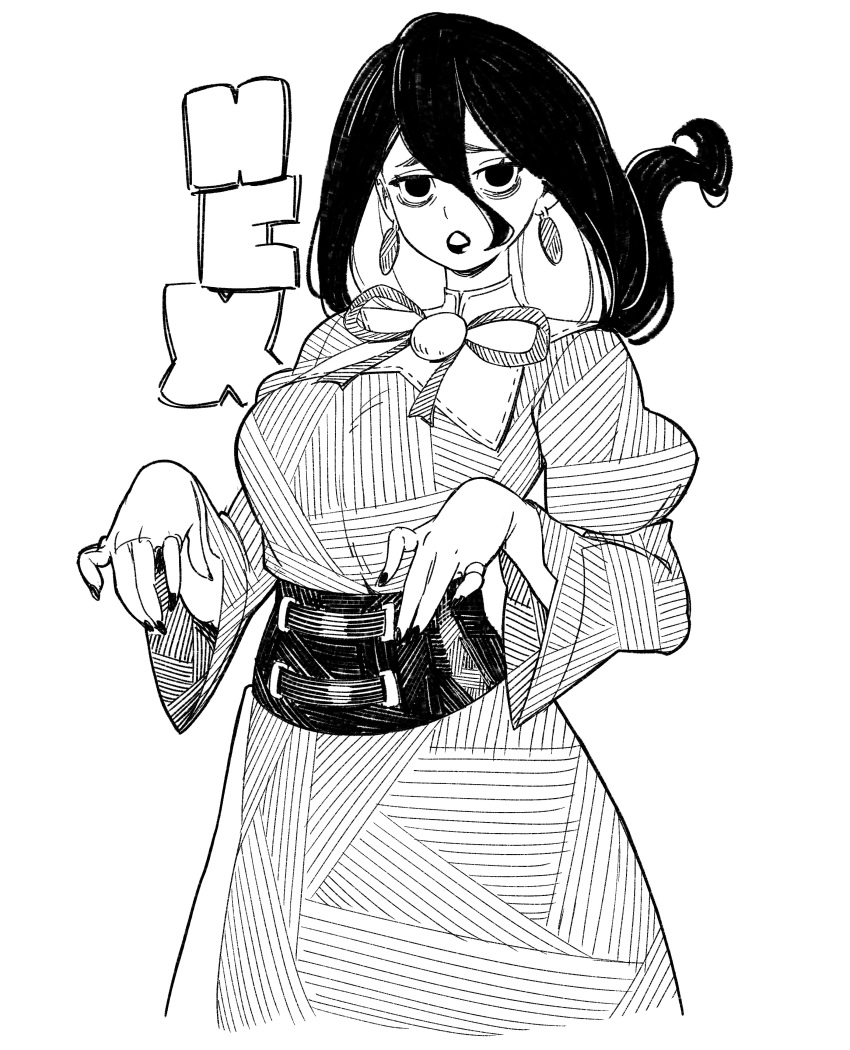 1girl, absurdres, bags_under_eyes, breasts, commentary, dress, english_commentary, floating_hair