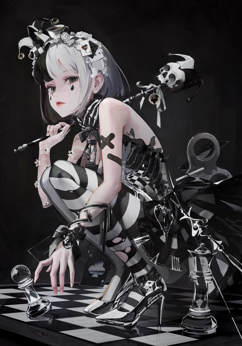 1girl, ame929, asymmetrical_legwear, black_hair, board_game, card, chess, chess_piece