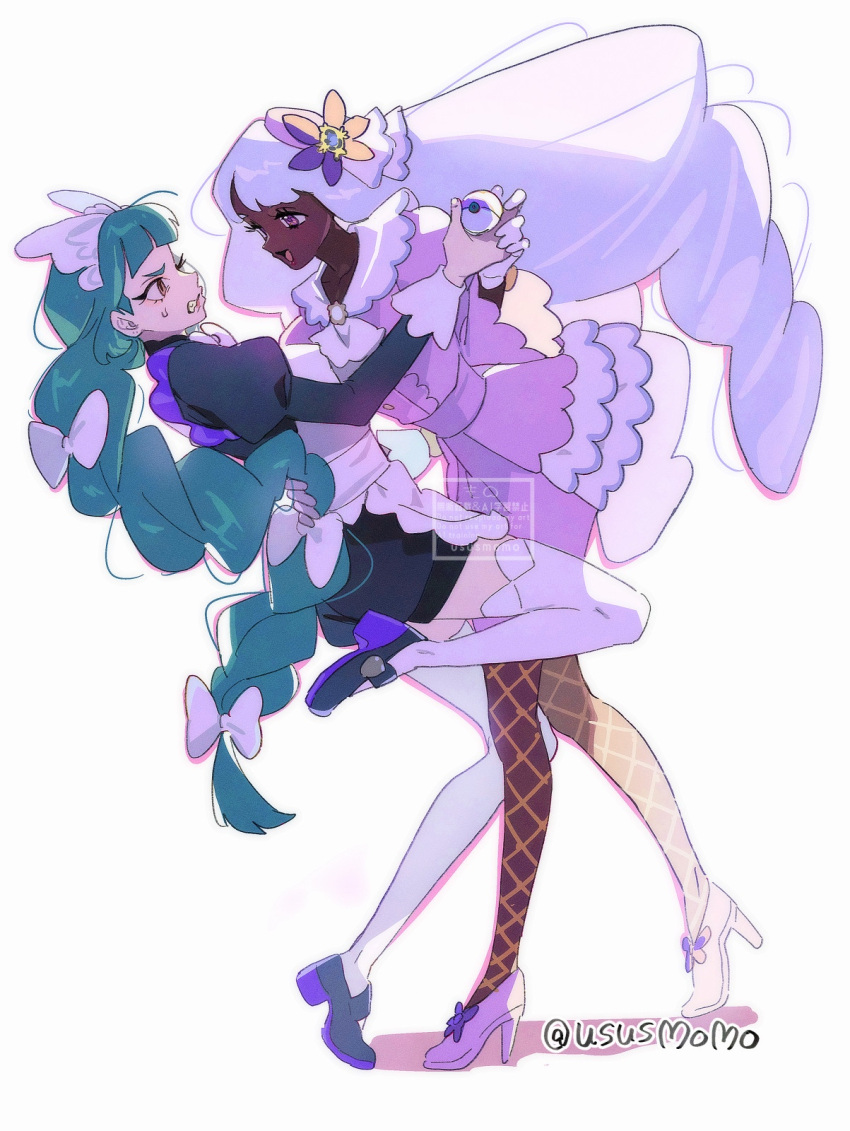 2girls, apron, arm_around_back, assertive_female, black_dress, black_shoes, blue_shoes, blunt_bangs