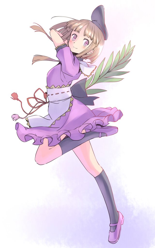 1girl, apron, arm_across_neck, arm_up, back_bow, black_bow, black_hat, black_socks