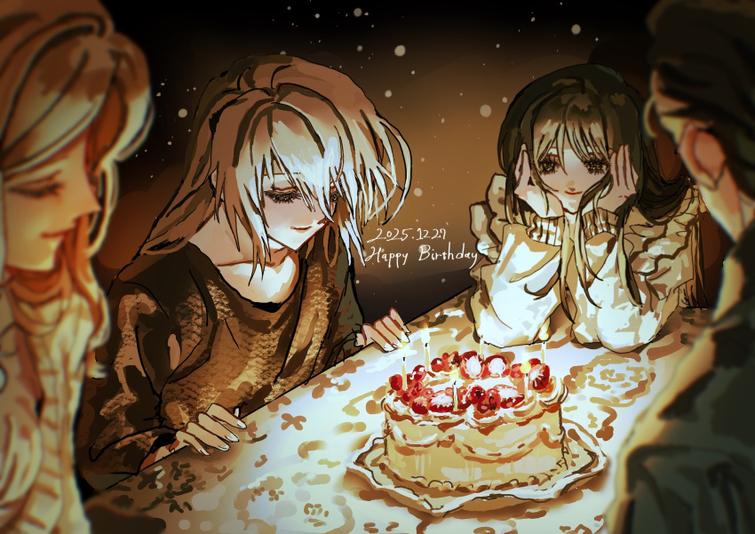 2boys, 2girls, birthday, birthday_cake, black_hair, blonde_hair, blurry, cake, candle, dated, depth_of_field, family, food, happy_birthday, highres, long_hair, minashiro_kouzou, minashiro_saya, minashiro_soushi, minashiro_tsubaki, multiple_boys, multiple_girls, ohn_(hiyu194), smile, soukyuu_no_fafner, table