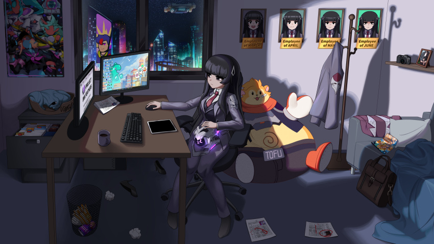 1girl, absurdres, bag, bags_under_eyes, black_eyes, black_hair, black_socks, cabinet