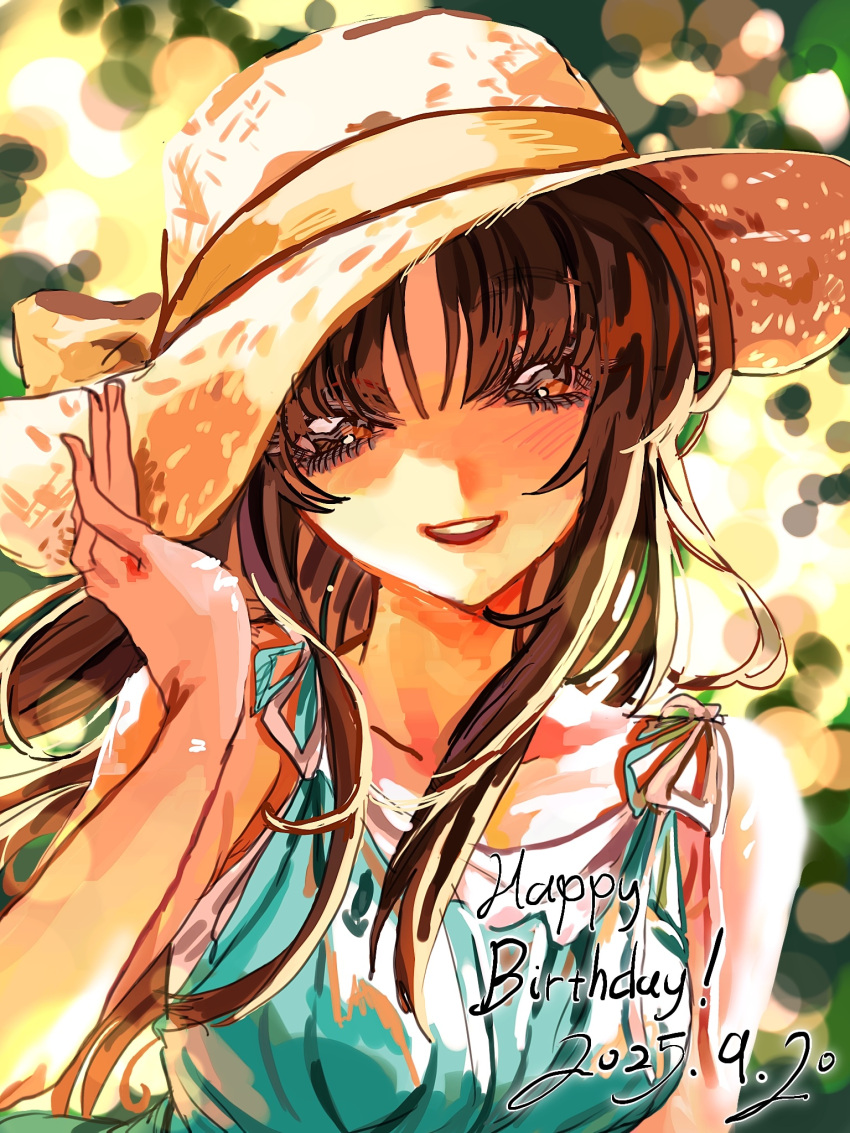 1girl, brown_eyes, brown_hair, dated, dress, eyelashes, green_dress, happy_birthday