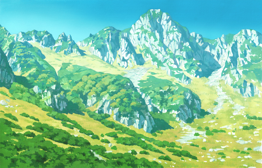blue_sky, clear_sky, cliff, colored_pencil_(medium), commentary_request, day, foliage, hariken