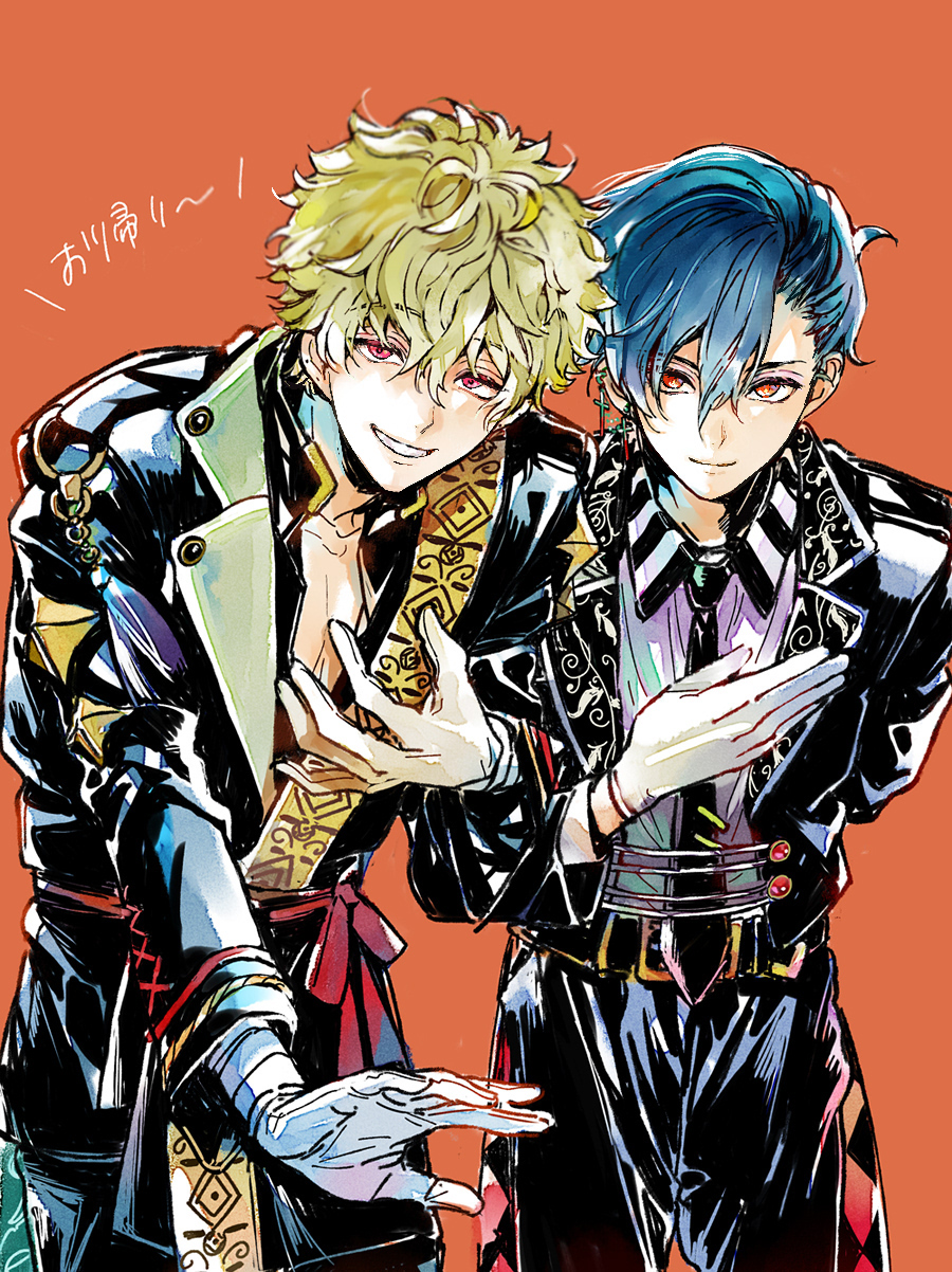2boys, akuma_shitsuji_to_kuroi_neko, arm_behind_back, asymmetrical_bangs, belt, belt_buckle, black_belt, black_jacket