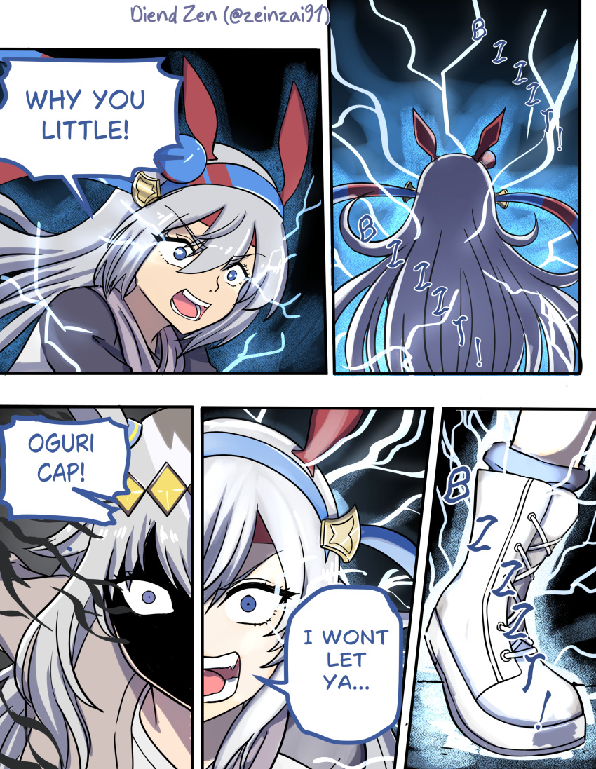 absurdres, animal_ears, blue_eyes, boots, ear_covers, english_text, hair_ornament, headband