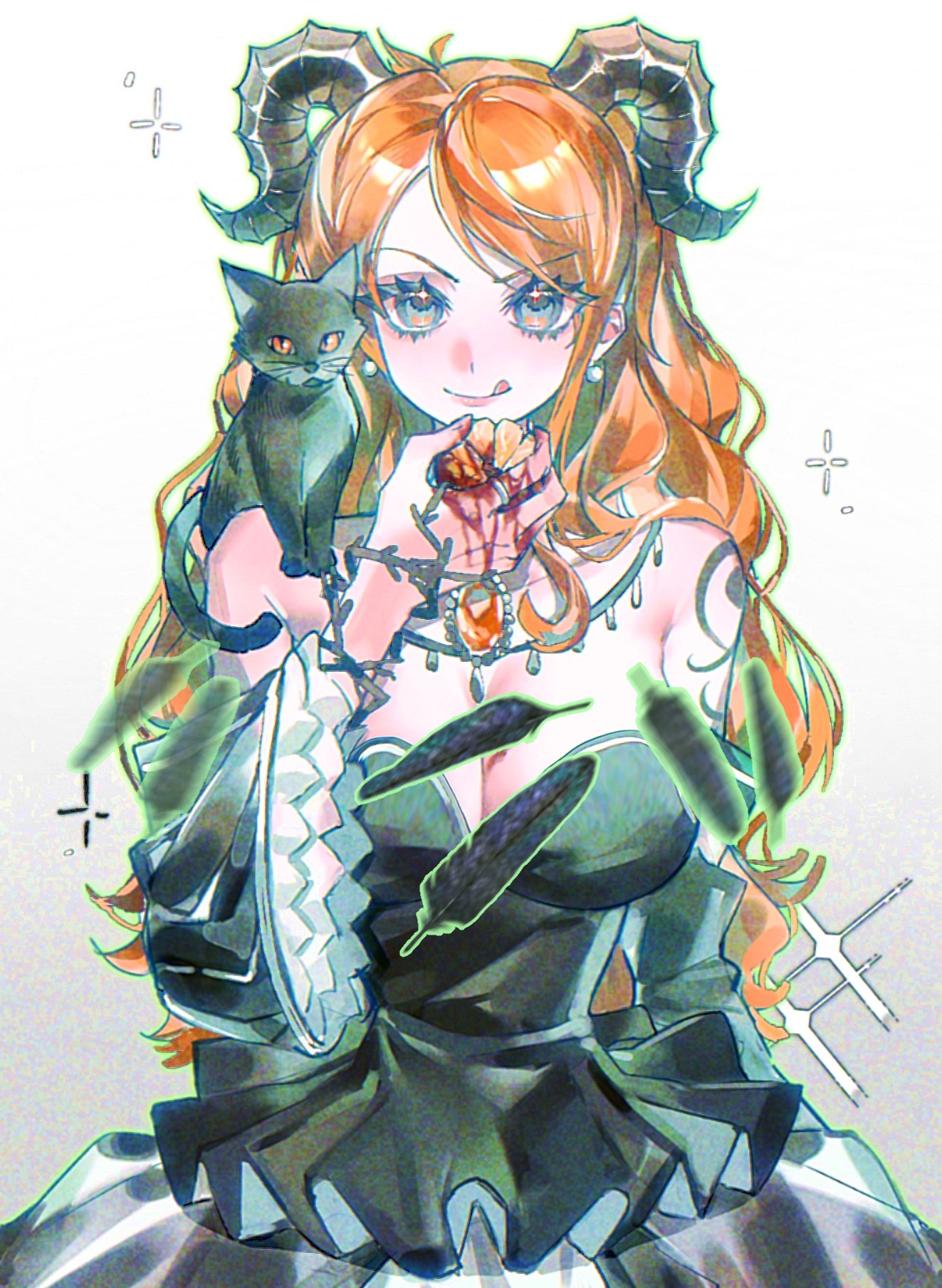 1girl, a_dong1987, animal_on_shoulder, bare_shoulders, black_cape, black_dress, black_sleeves, breasts, brown_eyes, cape, cat, cat_on_shoulder, cocked_eyebrow, demon_horns, detached_sleeves, dress, earrings, gem, highres, horns, jewelry, large_breasts, long_hair, nami_(one_piece), necklace, one_piece, orange_hair, red_gem, shoulder_tattoo, sparkle, strapless, strapless_dress, tattoo, tongue, tongue_out, upper_body