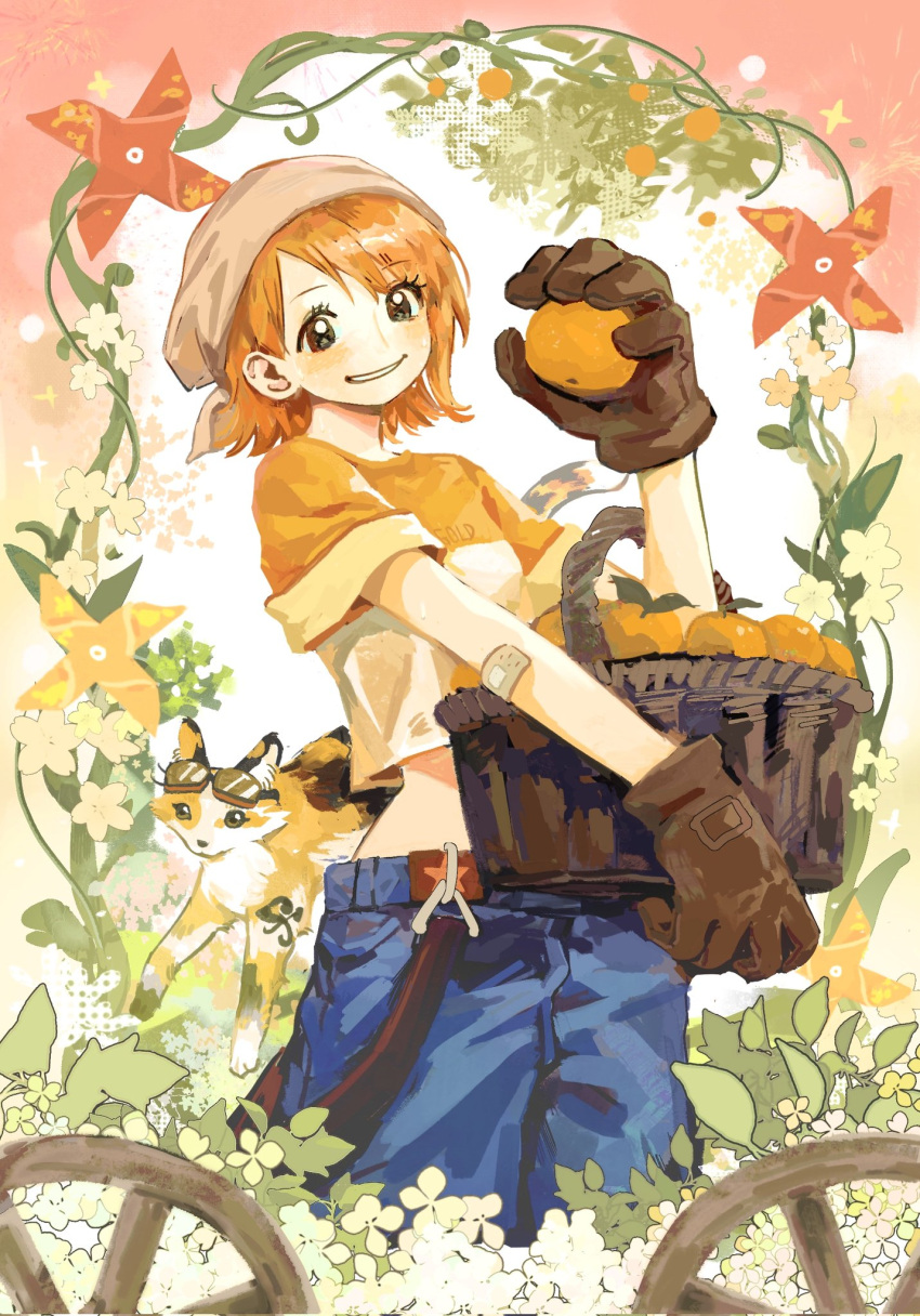 1girl, a_dong1987, bandana, basket, blue_pants, breasts, brown_bandana, brown_eyes