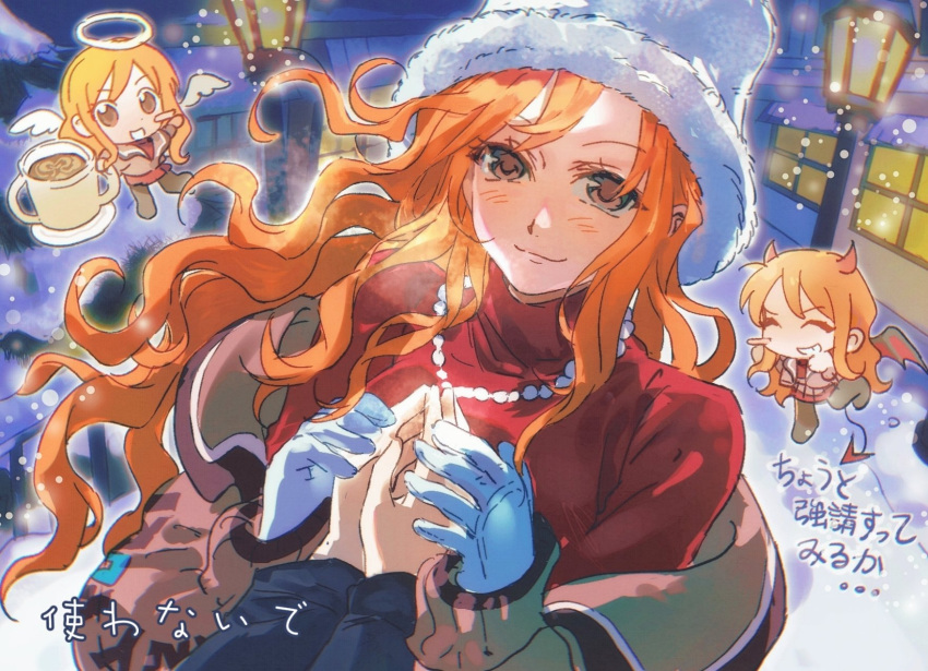 1girl, 1other, a_dong1987, angel_wings, blush_stickers, brown_hair, chibi, chibi_inset