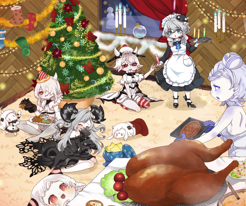 6+girls, absurdres, abyssal_pacific_princess, abyssal_ship, airfield_princess, apron, aqua_eyes, beret