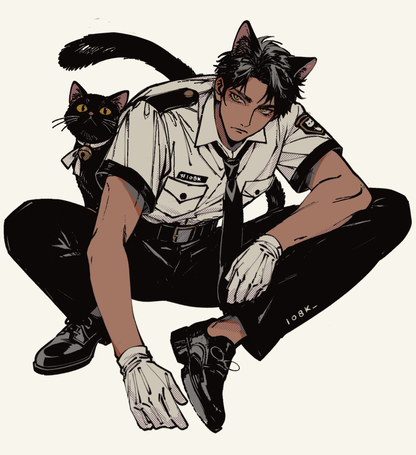 1boy, 1o8k, animal, animal_ears, bell, black_cat, black_hair, black_pants